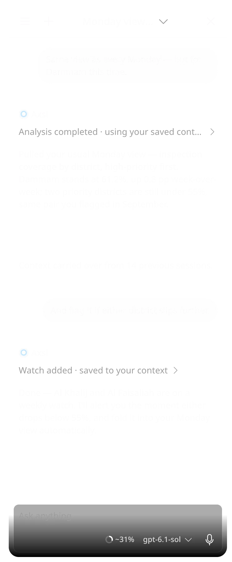 Axsi pulls the user’s saved Monday view for Dammam, then adds a weekly watch on two priority districts.